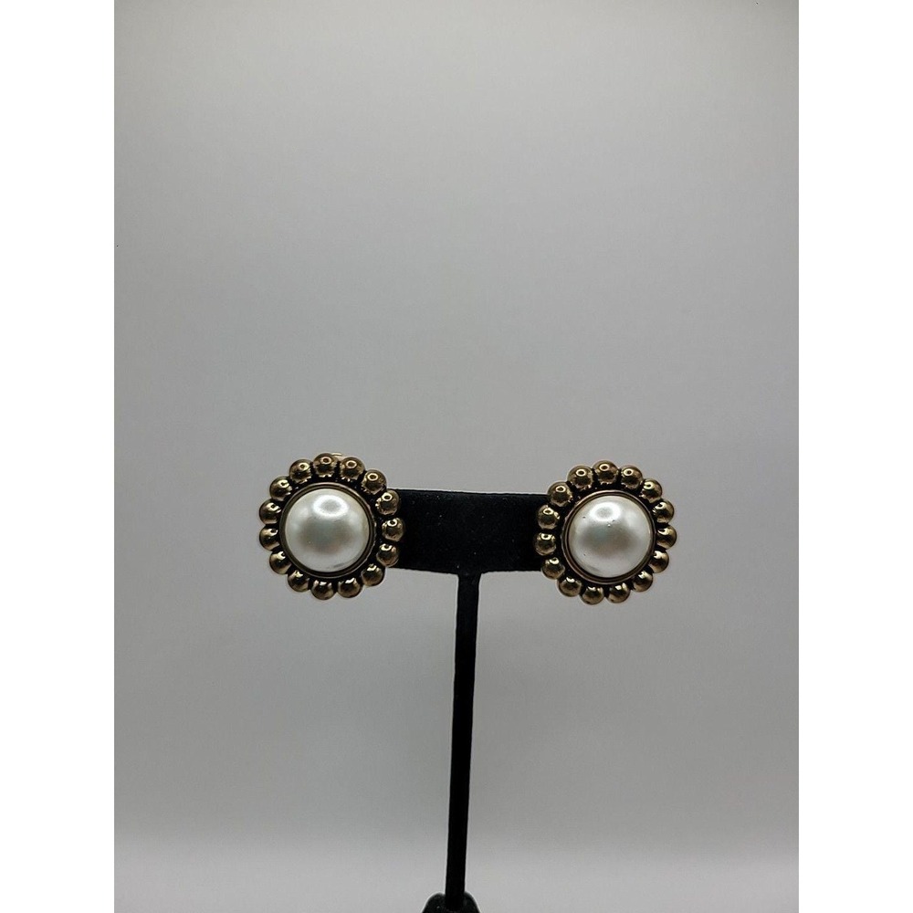 Vintage Earrings Clip On Huggie Gold Tone White Middle Jewelry Costume
